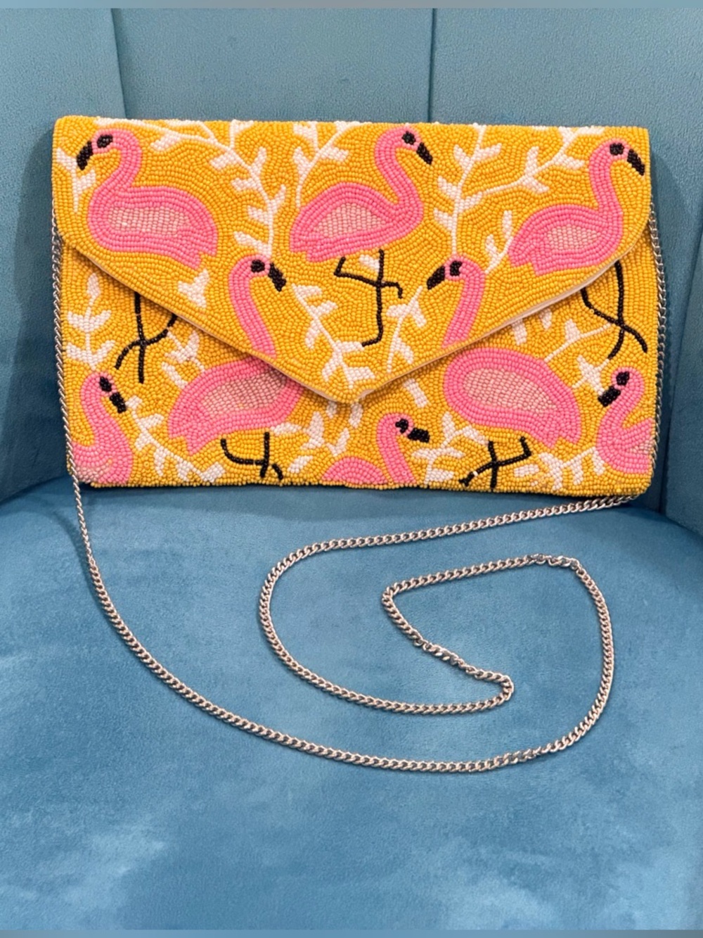 NWOT - Pink Flamingo Beaded Envelope Clutch with Crossbody Chain - Yellow & Pink